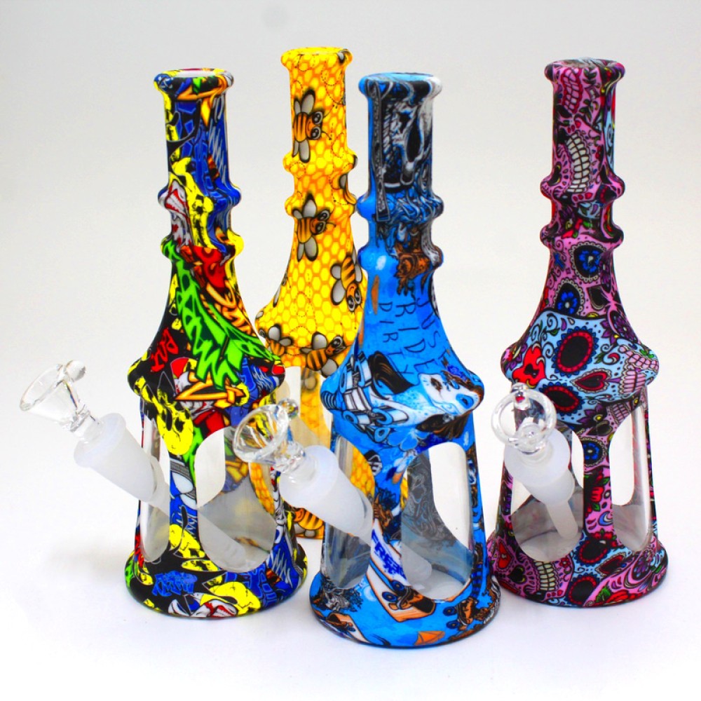 8" Silicone Printed Color With Glass Tower Water Pipe