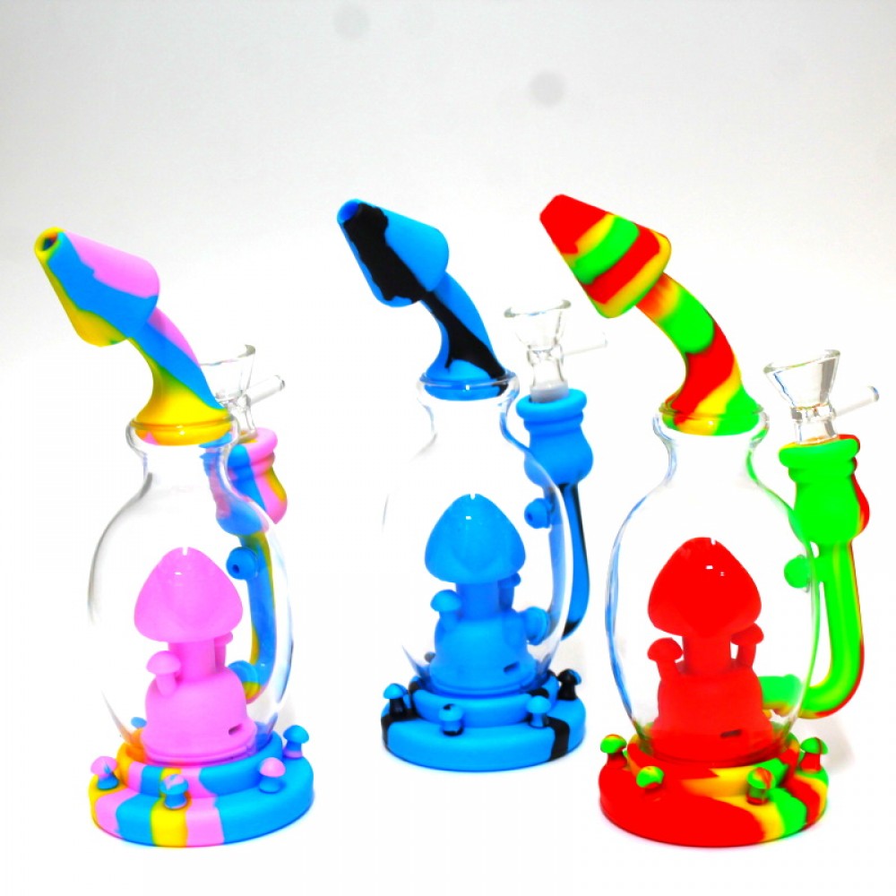 8" Silicon with Glass Mushroom Perk water pipe with 14mm Handle Bowl