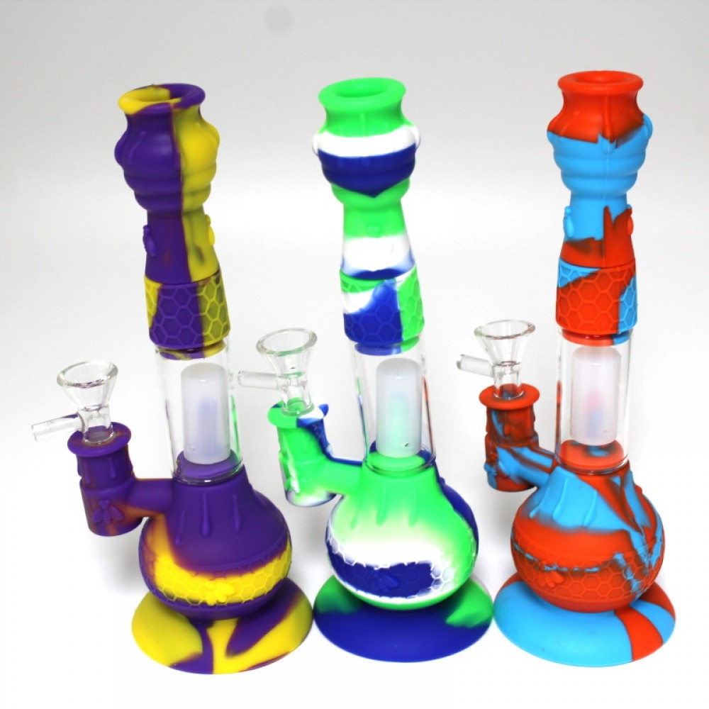 9'' Silicone Round Base With Glass Water Pipe With Bowl