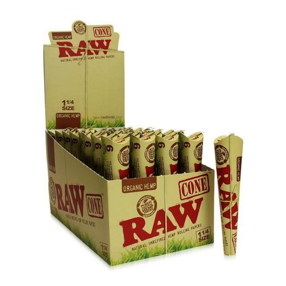 Raw Cone Organic Hemp 1 1/4 Size 32 Packs Per Box / 6 Cones Per Pack /192 Cones Per Box