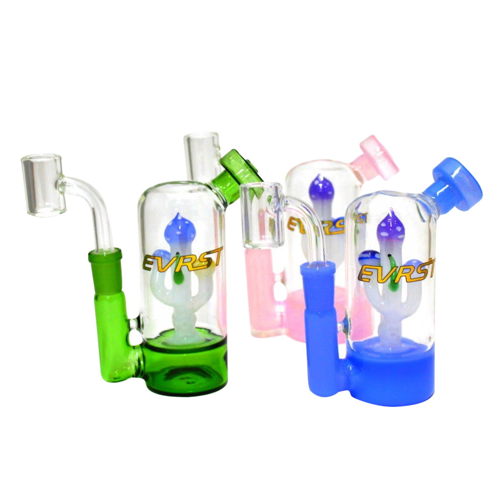 Compact EVRST glass dab rig water pipe featuring 14mm male banger